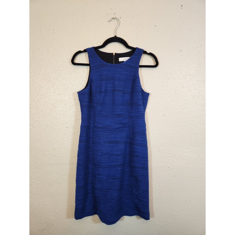 LOFT Womens 4P Cobalt Blue Shift Dress Textured Tweed Sleeveless‎ Back Zip